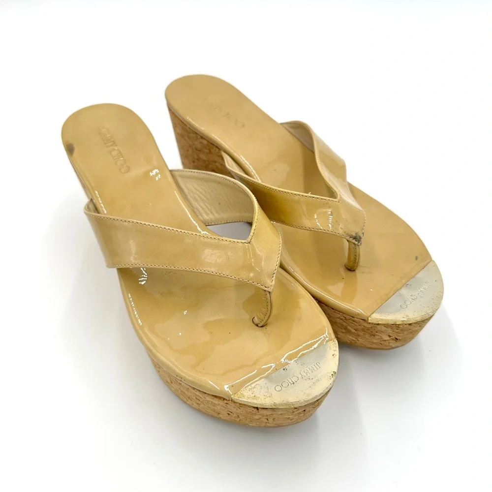 JIMMY CHOO Pathos Patent Leather Cork WEDGES‎ Yellow Women's size 8 EU 38 - Picture 3 of 12